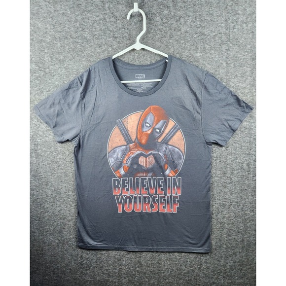 Marvel Deadpool Believe In Yourself T-Shirt Gray Large Graphic Tee - Picture 1 of 7